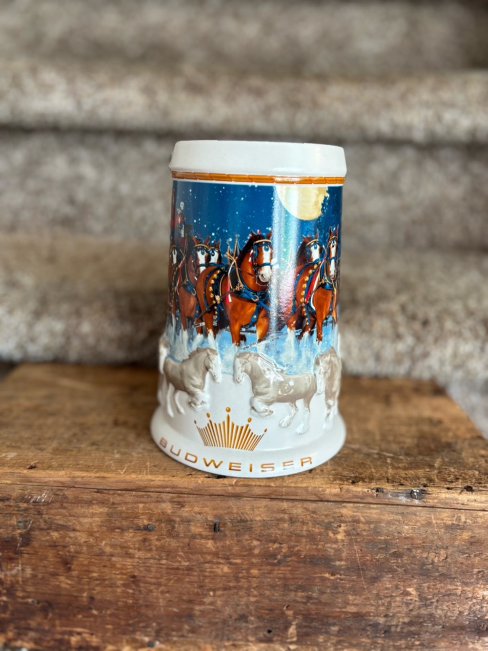 Budweiser Ceramic Stein with Blue Night Clydesdale Scene